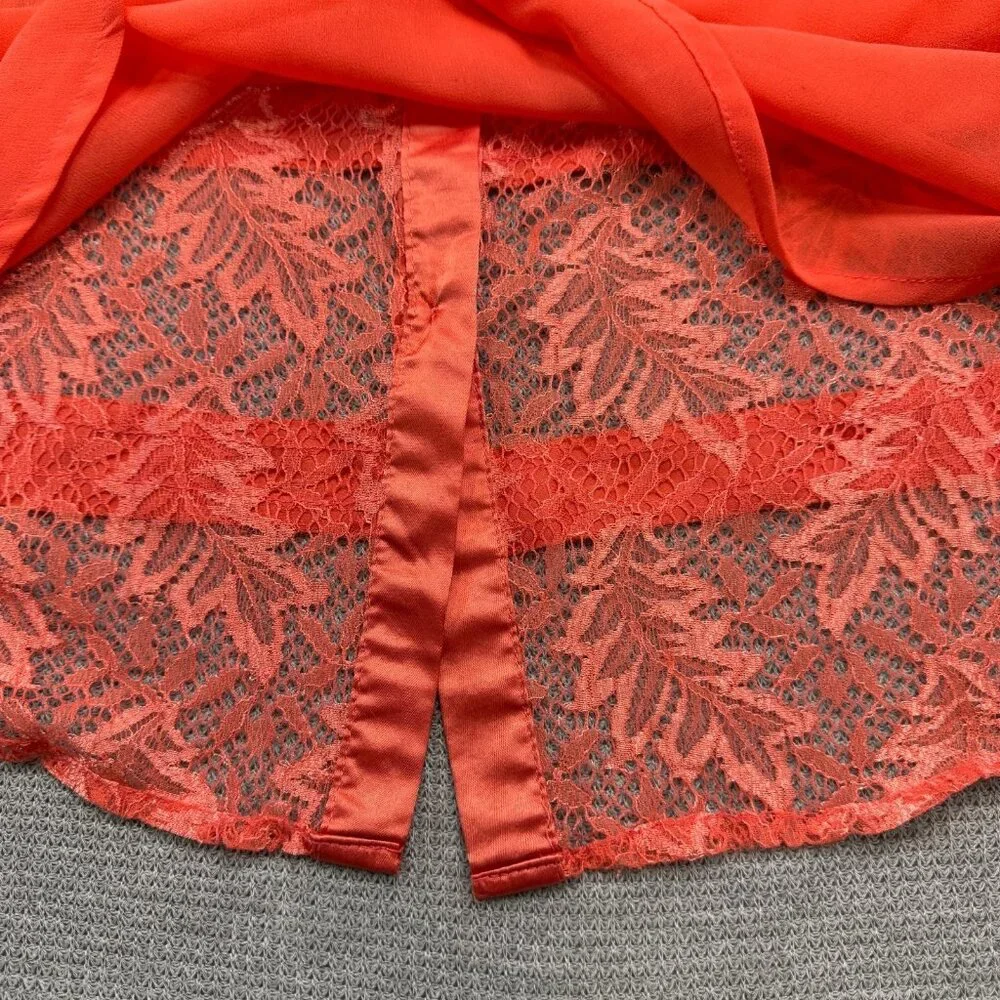 BKE Boutique Sheer Blouse Womens Sz Medium Stripe Lace Long Sleeve Coral Orange - Picture 7 of 15